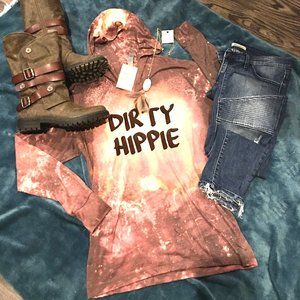 Dirty Hippie, bleached, long sleeve hooded t shirt